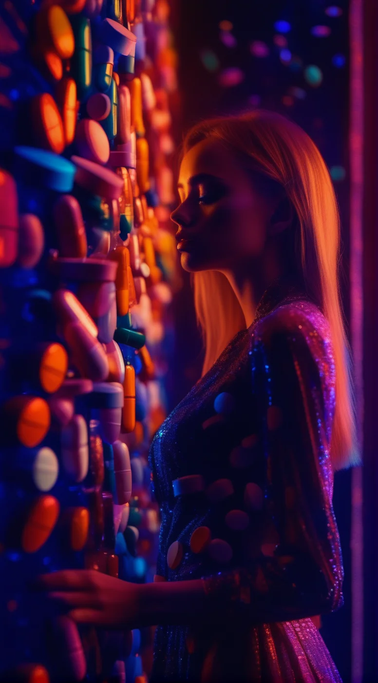 pills sad girl in night club, darkness, enigmatic dreamscape <lora:pills:1>