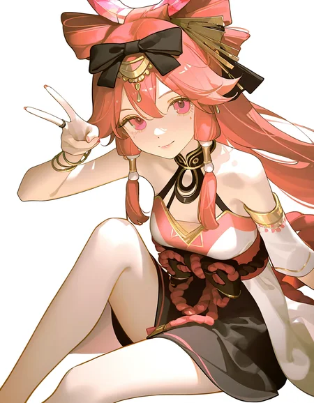 feiyuexing,1girl,solo,looking at viewer,simple background,white background,cowboy shot,<lora:feiyuexing-000012:1.1>,sitting,v,smile,, masterpiece, best quality, very aesthetic, absurdres,newest, incredibly absurdres,, (ningen mame:0.65),(tianliang duohe fangdongye:0.9),ask \(askzy\),(chen_bin:0.748),(void 0:1.1),(nixeu:0.63),(sy4:1.3),(mignon:0.677)