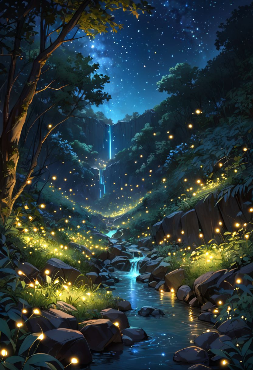 beautiful ravine, rocky, glowing fireflies, nighttime, greenery on each side, masterpiece