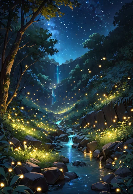 beautiful ravine, rocky, glowing fireflies, nighttime, greenery on each side, masterpiece