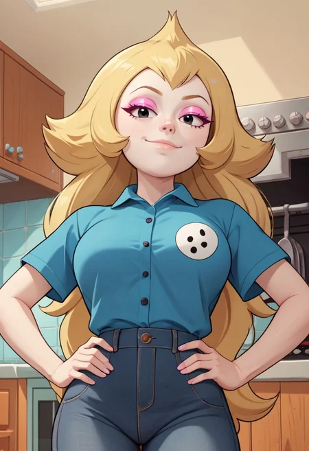 ((kitchen background)),score_9, score_8_up, score_7_up,score_6_up,
1girl, Solo, Vidalia_SU, pale white skin, black eyes, blonde hair, long wavy hair, pink eyeshadow, blue formal shirt with logo in the center, blue-grey skinny jeans, high white boots, big eyes, tall stature, social smile, sexy face, close-up, cowboyshot, perfect eyes, perfect smile, looking at the viewer, big breasts, detailed eyes, perfect eyes, cute, standing, head on, hands on hips, front pose, low-angle view:1.3, front view