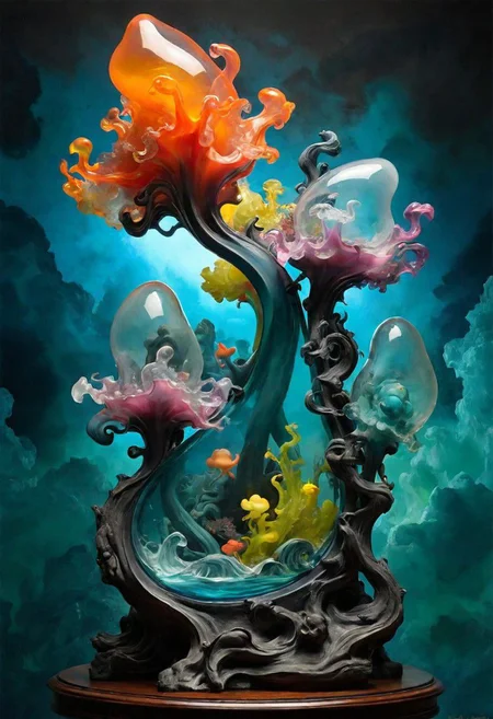 style of Alexander Archipenko,Kim Keever<lora:XL_more_art-full:0.45>,best quality,luminous-transparent liquid-glass colors,<lora:add-detail-xl:0.95>,glass-phantasmagoria insane masterpiece,<digital painting:0.45>,splash art,<OverallDetail:2.85>,huge detailed scene