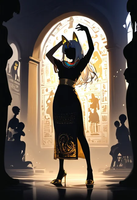 (masterpiece, best quality), (score_9, score_8_up, score_7_up,source_anime), 4K8K, high res image, Uncorrected, white print, lineart print, print, 
from front, Porcelain wall, 
Ankha_(Animal_Crossing), (silhouette Ankha solo:1.3), 
(animals), silhouette, backlit, backlighting, dark night, Porcelain Mix Gold, pmg style, 
(golden lines, white silhouette skin, Skin like porcelain), 
standing on tiptoes, reaching out, arms up, 
(small stature, petite:1.3), (breasts:1.1), (white hair, verry long hair, cat ears),
(wearing Porcelain clothing, Porcelain Egyptian-style dress),