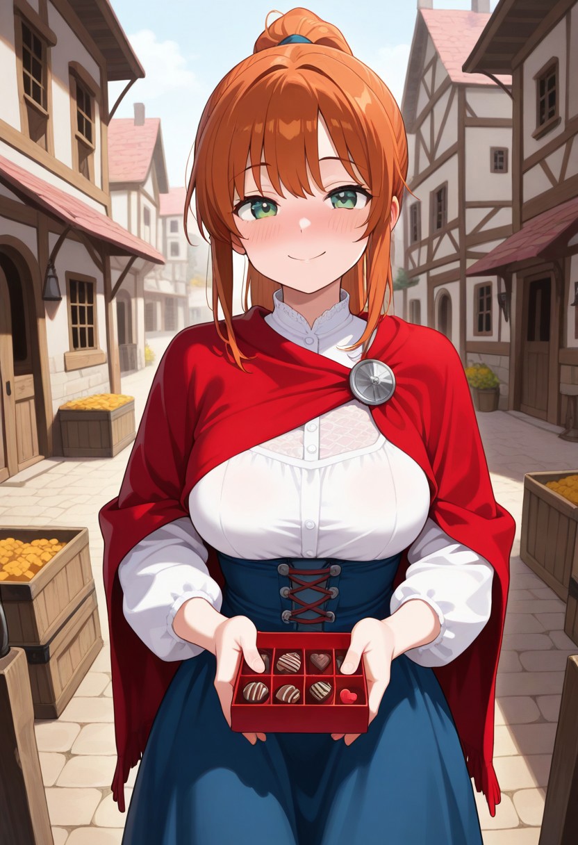 masterpiece, best quality, amazing quality, 1girl, fair skin, auburn hair, long hair, ponytail, green eyes, medieval clothes, white blouse, blue skirt, red shawl, athletic body, medium bust, smiling, blushing, medieval town, looking at viewer, holding out a box of valentines chocolates