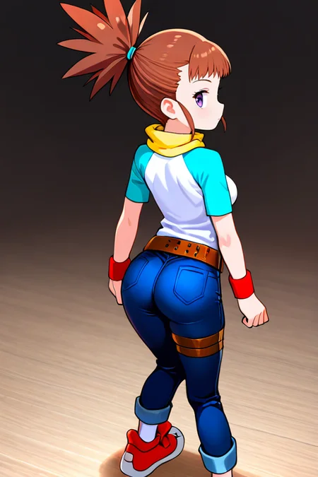 masterpiece, High quality, Ultra detailed, 2d, newest, absurdres, highres, BREAK
1girl, solo, <lora:makino_ruki:0.8>, ruki_makino, high ponytail, brown hair, purple eyes, 
medium breasts, rukidef, raglan sleeves, scarf, t-shirt, wristband, belt, pants, jeans, thigh strap, pants rolled up, socks, shoes, 
from behind, ass, standing,