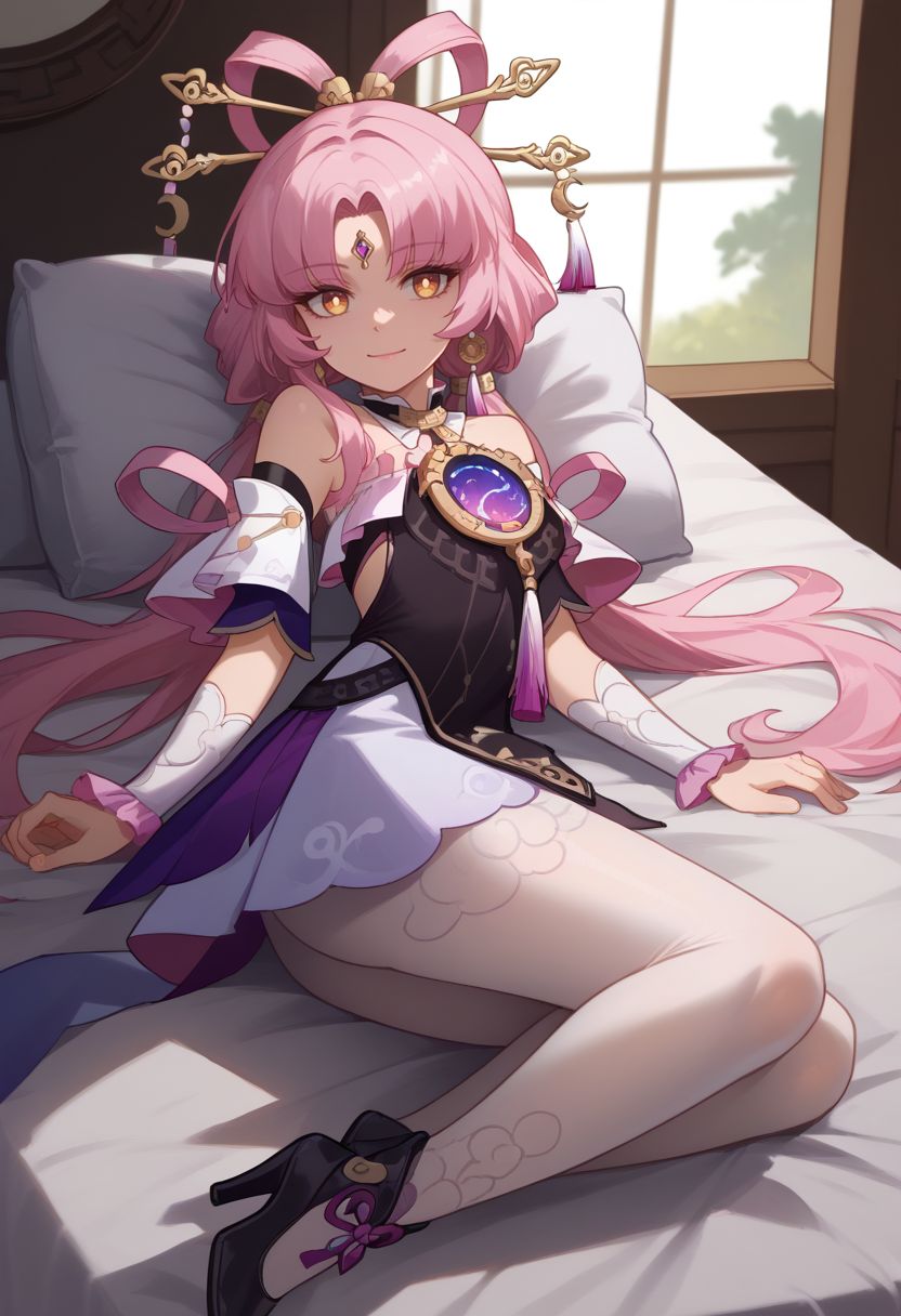 score_9, score_8_up, score_7_up, source_anime, 1girl, fuxuandef, yellow eyes, pink hair, long hair, low twintails, bow-shaped hair, parted bangs, forehead jewel, hair stick, hair ornament, earrings, jewelry, bare shoulders, detached sleeves, dress, backless dress, tassel, bridal gauntlets, white pantyhose, high heels, black footwear, lying, on back, on bed, closed mouth, smile, looking at viewer, indoors, bedroom, pillow, on side, close-up, facing viewer, <lora:Fu_Xuan_v1-000010:1>