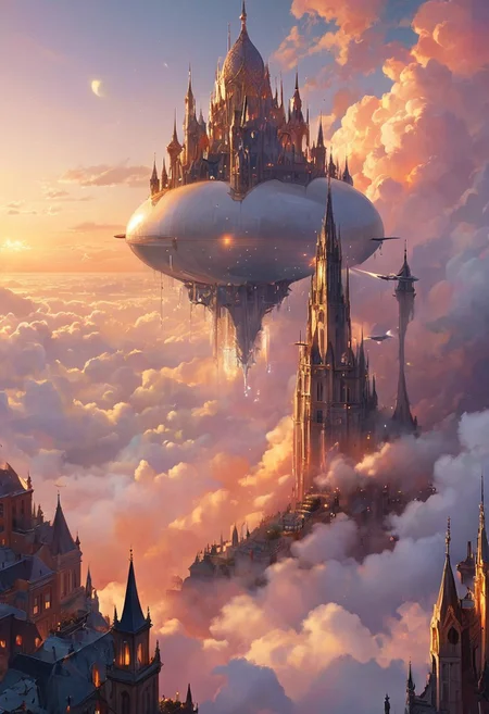 Imagine a celestial city floating high above the clouds, where elegant spires and domes are crafted from shimmering crystal and gold. The streets are lined with vibrant gardens and glowing orbs of light that illuminate the night sky. Airships glide gracefully between the buildings, and ethereal beings move about, dressed in flowing garments that reflect the colors of the sunset. The scene is alive with a sense of harmony and divine beauty.
style of greg rutkowski,janek sedlar,jenny saville:0]  <lora:vivid_everclear:0.35>  <lora:Sinozick:0.35>  <lora:MJ52:0.35>