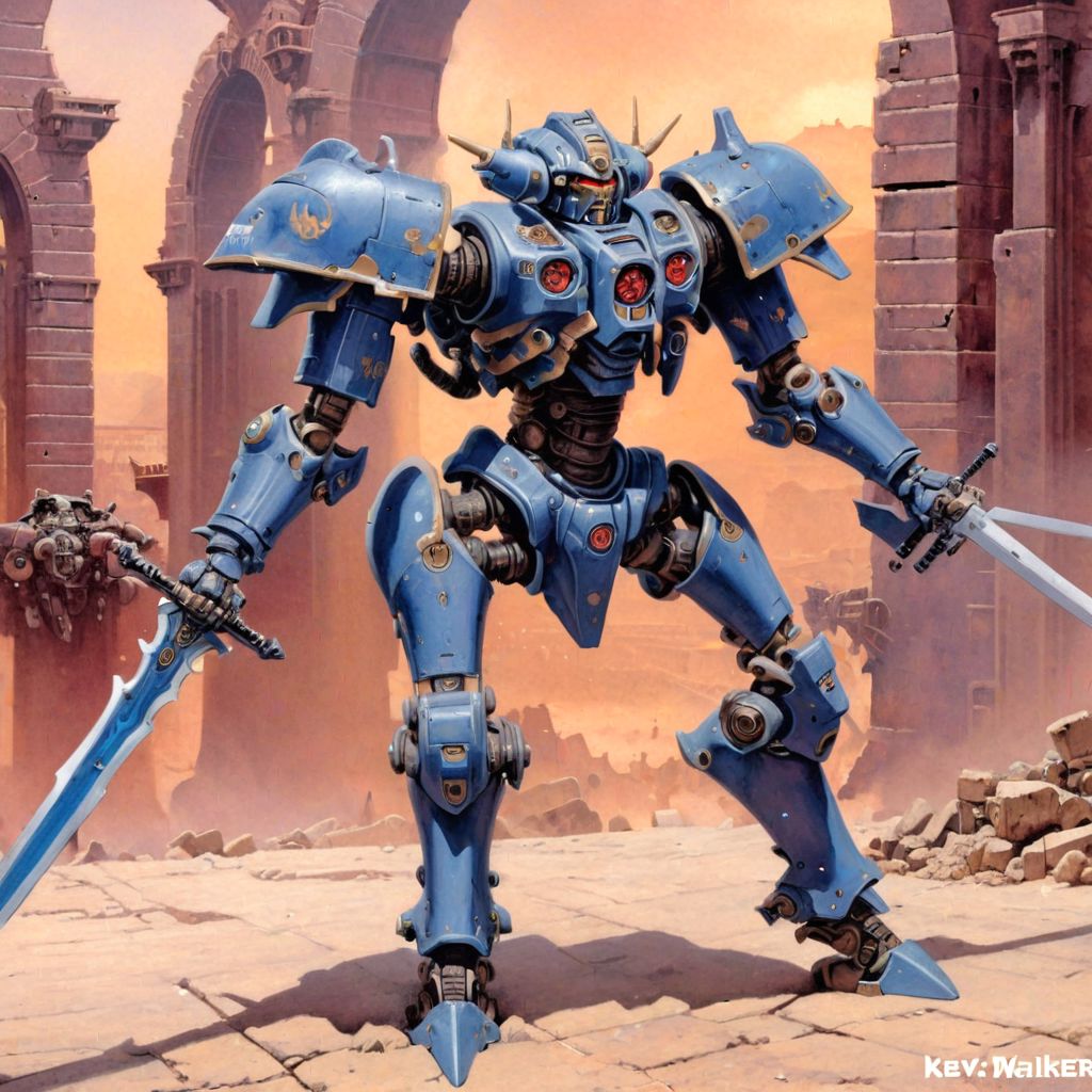 evoKevWalker, mtg, fantasy painting, art by kev walker, mecha, solo mecha, sword, detailed, realistic, battle pose, background cyber colluseum