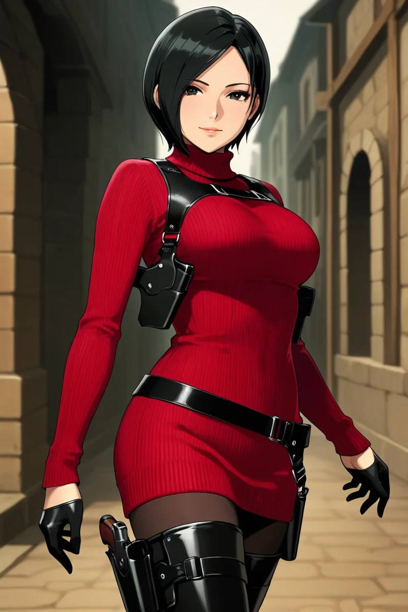 <lora:ada_wong_re_illus:0.7> ada wong, black hair, short hair, black eyes, large breasts, red sweater, turtleneck, chest harness, pantyhose, black gloves, half gloves, black belt, pistol holster, 1girl, solo, looking at viewer, smile, thighhighs, jewelry, standing, weapon, boots, belt, black footwear, lips, gun, thigh boots, bob cut, high heel boots, sweater dress, thigh holster, shoulder holster, black thighhighs, anime coloring, pistol holster on belt, medieval cities, more detail, cowboy shot, side view,