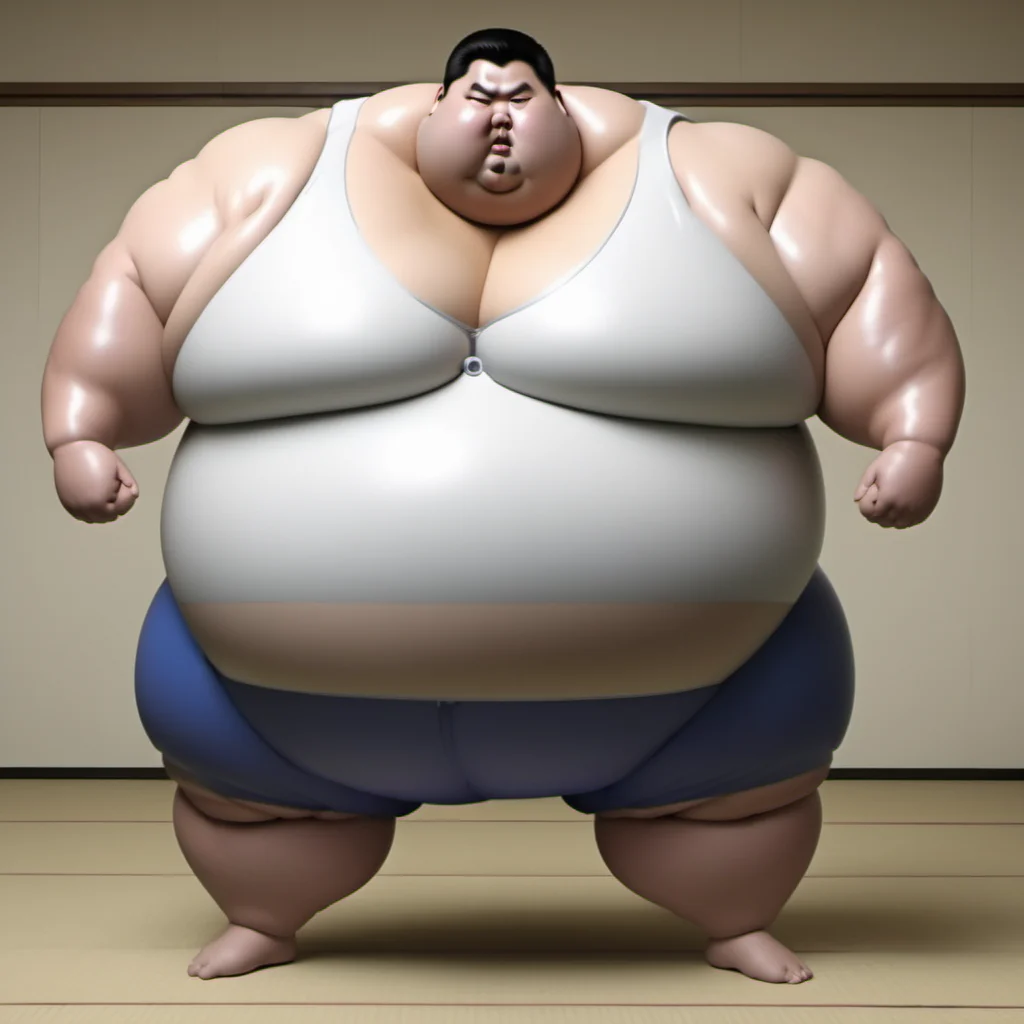 <lora:runga8:0.8>male focus, 1boy, superchub, big belly, sumo, solo, standing,  thick arms, full body, fat, black hair, fat man,in room,white t-shirt