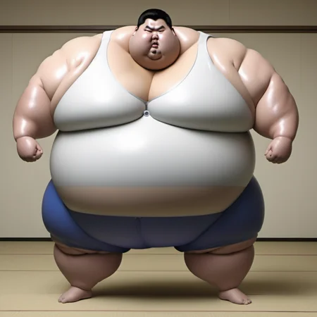 <lora:runga8:0.8>male focus, 1boy, superchub, big belly, sumo, solo, standing, thick arms, full body, fat, black hair, fat man,in room,white t-shirt