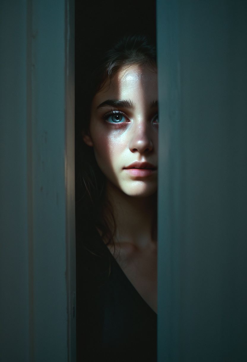 ((from behind, sexy,kissable lips, looking away, side lighting, shadows on face,) )dark room, night time, single slit of light is coming in through a partially ajar door.close up of door, girl peering through door, single slit of light lighting her face, silhouette, profile, delicate face, highly detailed eyeball, realistic eyes, light shining on cheek, rim lighting, soft lighting, frightened, teeth, saliva,
