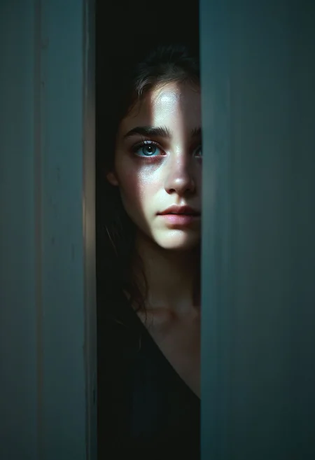 ((from behind, sexy,kissable lips, looking away, side lighting, shadows on face,) )dark room, night time, single slit of light is coming in through a partially ajar door.close up of door, girl peering through door, single slit of light lighting her face, silhouette, profile, delicate face, highly detailed eyeball, realistic eyes, light shining on cheek, rim lighting, soft lighting, frightened, teeth, saliva,
