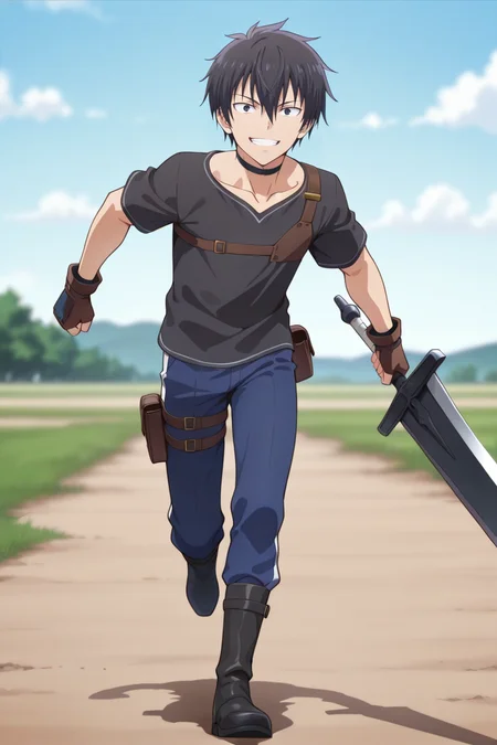 masterpiece, best quality, amazing quality,high resolution,intricate details,official style,depth of field,anime coloring, , , 1boy, solo, male focus, <lora:Setsu_Suzaki:0.73>,setsu suzaki,black hair,black eyes,short hair,looking at viewer,mouth open,collarbone, full body, weapon, short sleeves, boots, choker, pants,sword,claymore,accessory, fingerless gloves, black footwear,black shirt,thigh strap,grin,parody,moutain,accessory, black choker, brown gloves, pouch, blue pants,holding, holding weapon,running,from side