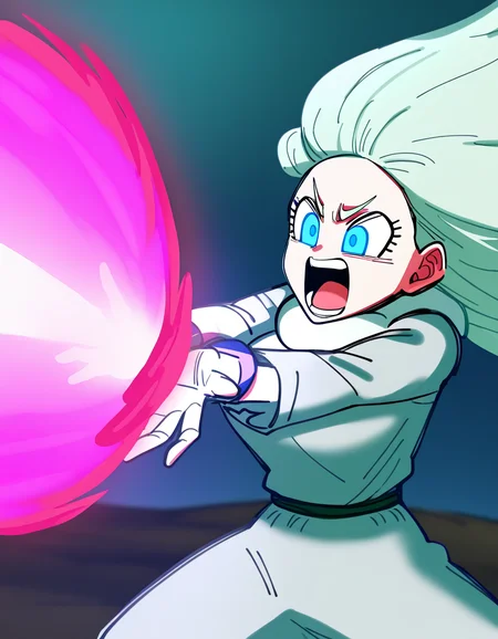 masterpiece, best quality, newest, absurdres, highres, safe,, <lora:pokemon-melony-ponyxl-lora-nochekaiser:1> pokemonmelony, blue eyes, eyelashes, long hair, multicolored hair, streaked hair, grey hair, large breasts, <lora:kamehameha-illustriousxl-lora-nochekaiser:1>, kamehameha, kamehameha (dragon ball), open mouth, outstrecthed arms, torn clothes, shouting, energy, energy beam, outdoors, wasteland, cowboy shot,