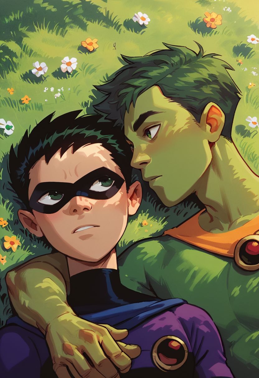 score_9, score_8_up, score_7_up, BRAKE green hair, green skin, beastboy, beast boy, BRAKE (black hair:1.2), (mask:1.1)
pale skin, human, robin, BRAKE teen titans, in a field, 2 boys laying together next to each other, looking into each others eyes, view from above, (close up:0.6), romantic,