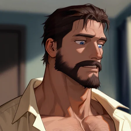 <lora:john_clayton__tarzan-000006:.7> john clayton, chest tuft, arm hair, leg hair, Beige shirt, long sleeves, open clothing, mustache, slicked back hair, receding hairline, middle part, blue eyes, prominent chin,
(very short hair, beard, bara, mature, facial hair, stubble, beard, full beard, sideburn, beard, a lot of beard, ), facial hair,male focus, muscular male, muscular male, bara, mature, bara, mature, aixiwuganda_(20222192), very awa, masterpiece, best quality, absurdres, newest, perfect quality, detailed background, intricate details,
<lora:slider_Body Type_alpha1.0_rank4_noxattn_last:3><lora:style_Anime Summer Days 2 Style SDXL_LoRA_Pony Diffusion V6 XL:.6><lora:slider_cfg_scale_boost:.7><lora:face_Artist6p-10:.55>, Artist6p, Artist04p,<lora:slider_il_brightness_slider_d1:-1><lora:slider_il_contrast_slider_d1:-1><lora:slider_DarkSlider1.2_alpha1.0_rank16_full_300steps:-.6>