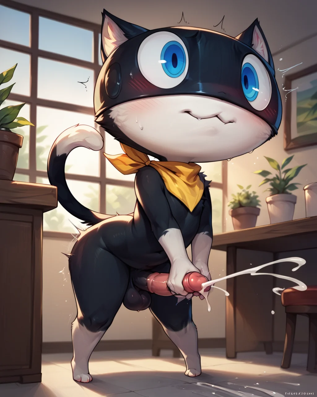 score_9, score_8_up, score_7_up, solo, 1boy, morgana, anthro cat, small male, black fur, black nose, yellow neckerchief, blue eyes, shy, looking down, bent over, animal penis, testicles, orgasm, wide eyed, light smile, closed mouth, two handed masturbation, ejaculation, projectile ejaculation, motion blur, depth of field, detailed background, indoors, <lora:Morgana_PDXL:0.9>,