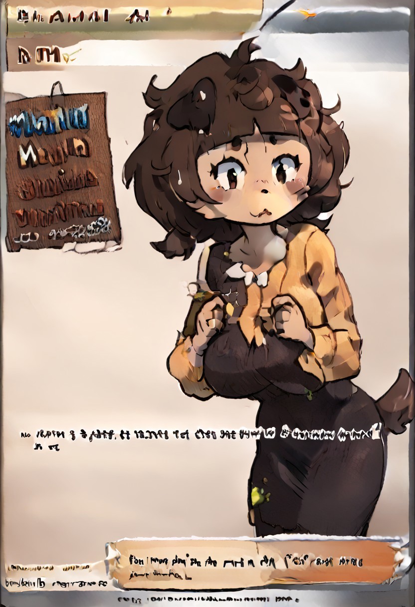 mature female, milf, motherly, Border, English text, mimi typh, mimi, human dog, furry, brown hair, light brown fur, floppy dark brown ears, brown tail, small dark brown blush, fcNeg, solo