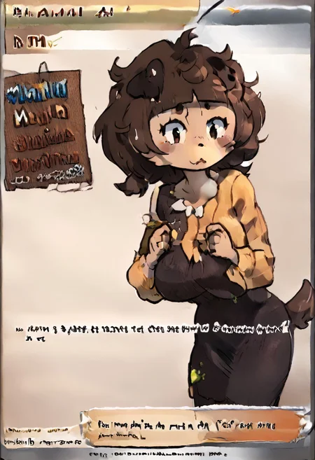 mature female, milf, motherly, Border, English text, mimi typh, mimi, human dog, furry, brown hair, light brown fur, floppy dark brown ears, brown tail, small dark brown blush, fcNeg, solo