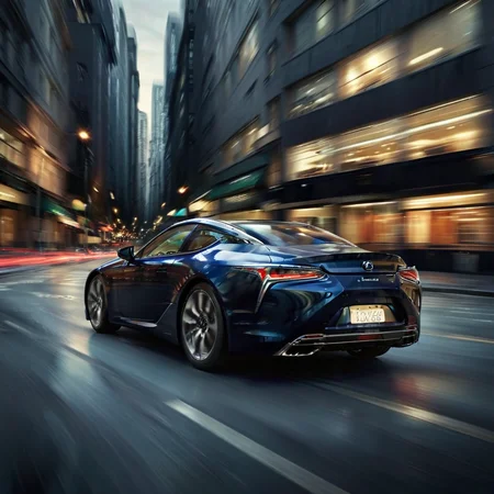 realistic photo of a black lexuslc car in the city, dark nighzt, headlights on, lights on, motion blur, from behind <lora:LexusLC_SDXL_v1:1> <lora:Dont_Stop_Me_Now:0.8>