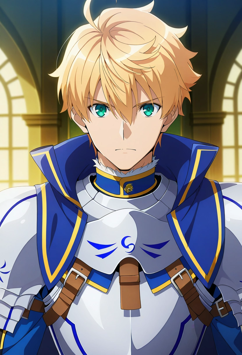 masterpiece, best quality, , anime screencap, anime coloring, official style, looking at viewer, 1boy, solo, male focus, <lora:arthur_pendragon_fate_ilxl:1>, arthur_pendragon_fate, blonde hair, green eyes, short hair, ahoge, hair between eyes, bangs, armor, breastplate, gauntlets, pauldrons, shoulder armor, blue cape, , ,