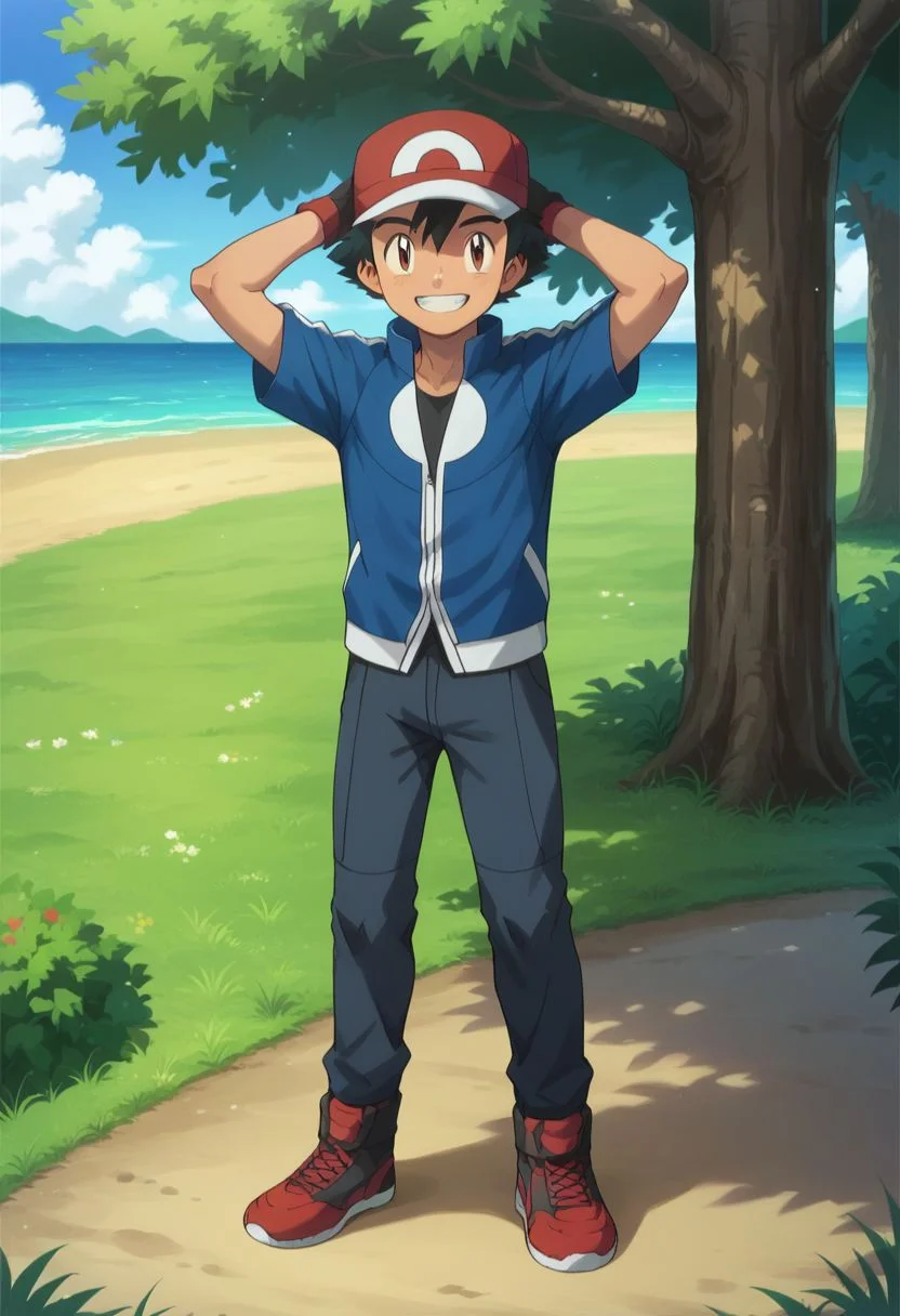 score_9, score_8_up, score_7_up, source_anime, highly detailed, 1boy, solo, male_focus, slender, skinny, cute, full body,
1boy, male focus,solo, brown eyes, smile, jacket, outdoors, closed mouth, blue jacket, day, shirt, black hair, tree, bangs, hat, clenched hands, hands up, smile, teeth, happy, fingerless gloves, hands behind head, 
simple background,