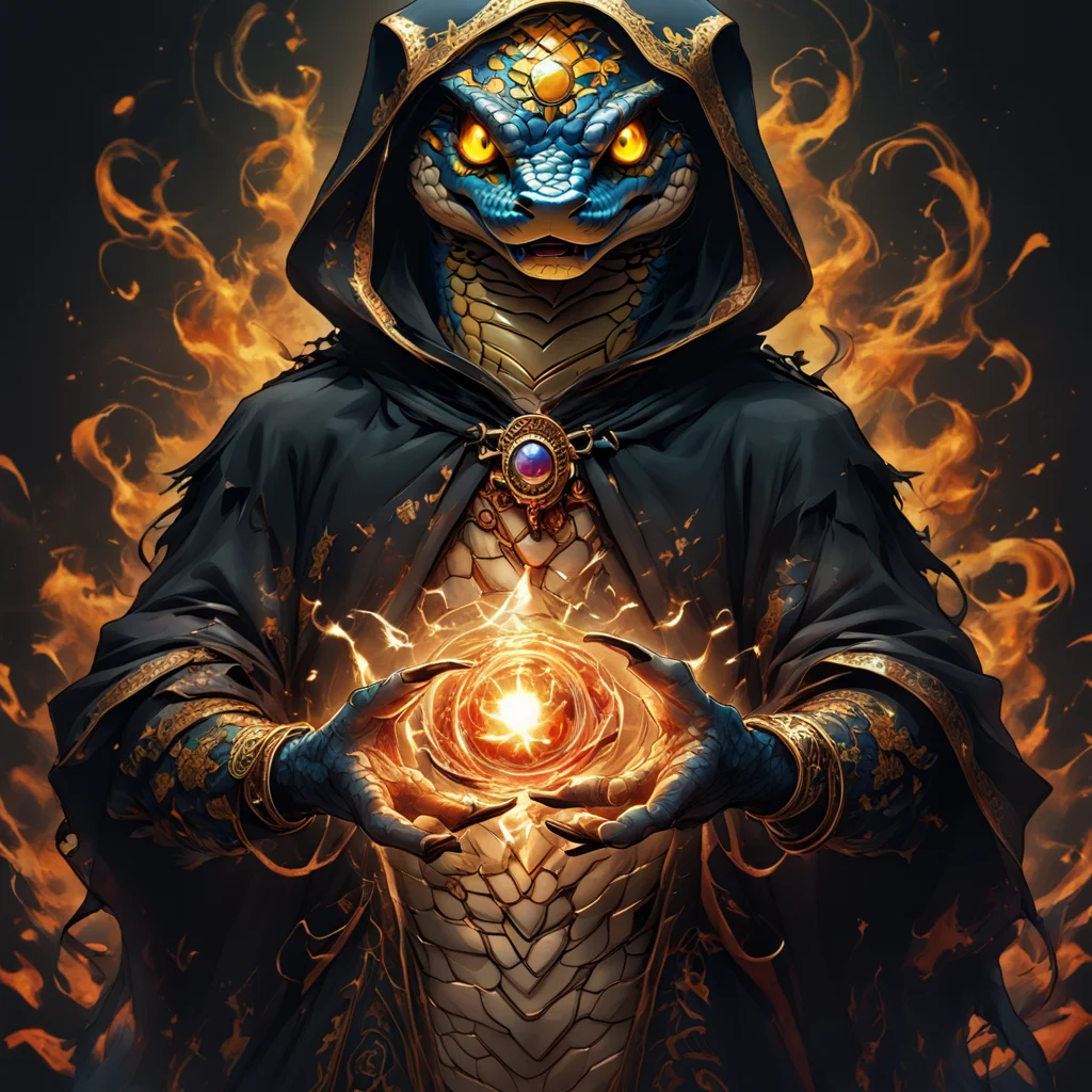 anthropomorphic_snakes_(naga), snake eyes, scales, masterpiece, best quality, amazing quality, very aesthetic, dynamic angle, face focus, depth of field, small breasts, A digital illustration shoot from a frontal camera angle about a mysterious figure in a dark, hooded cloak holding a glowing orb of fire, surrounded by swirling flames. the image also shows glowing blue and orange flames emanating from the figure's face, creating a mystical atmosphere. on the middle of the image, a male figure appears to be a amazing adult, standing in the middle, facing the viewer, with his upper body visible. he is wearing a dark cloak with intrianthropomorphic_snakes_(naga)e designs and glowing yellow eyes, giving off a mystical and powerful aura. the figure is positioned in the center of the frame, and his hands are outstretched, holding two glowing orbs in front of him. he has a hood that covers his face, and the flames are emanating from his hands. the background is dark and smoky, with a subtle gradient of colors, adding to the sense of depth and mystery. solo, looking at viewer, open mouth, holding, male focus, glowing, glowing eyes, black background, hood, fire, cloak, magic, magic circle, pg safe,amazing, (anthropomorphic_snakes_(naga):0.7000000000000001), ( ArsMJStyle, Wonderland:0.7000000000000001), (Midjourney3PXL-B:0.34), (MJ:0.36), end_delft_morph<lora:pony\Anthropomorphic_snakes_Naga-pony.safetensors:0.7000000000000001:0.7000000000000001> <lora:pony\midjourney\WonderlandPony_r1.safetensors:0.7000000000000001:0.7000000000000001> <lora:pony\midjourney\Midjourney3PXL-B.safetensors:0.37:0.37> <lora:pony\midjourney\MJXLP.safetensors:0.43:0.43> <lora:pony\Midjourney_Porcelain_DelawareDelft_Morph_XL.safetensors:0.56:0.56>