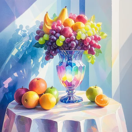 ArsMJStyle, Oil Pastels ,<lora:Oil_Pastels:1>, <lora:add-detail-xl:1.2> Still life with crystal vase and fruit, emphasis on light refraction and transparency, bold highlights, soft shadows, visible pastel marks in background, Cezanne-inspired color blocking