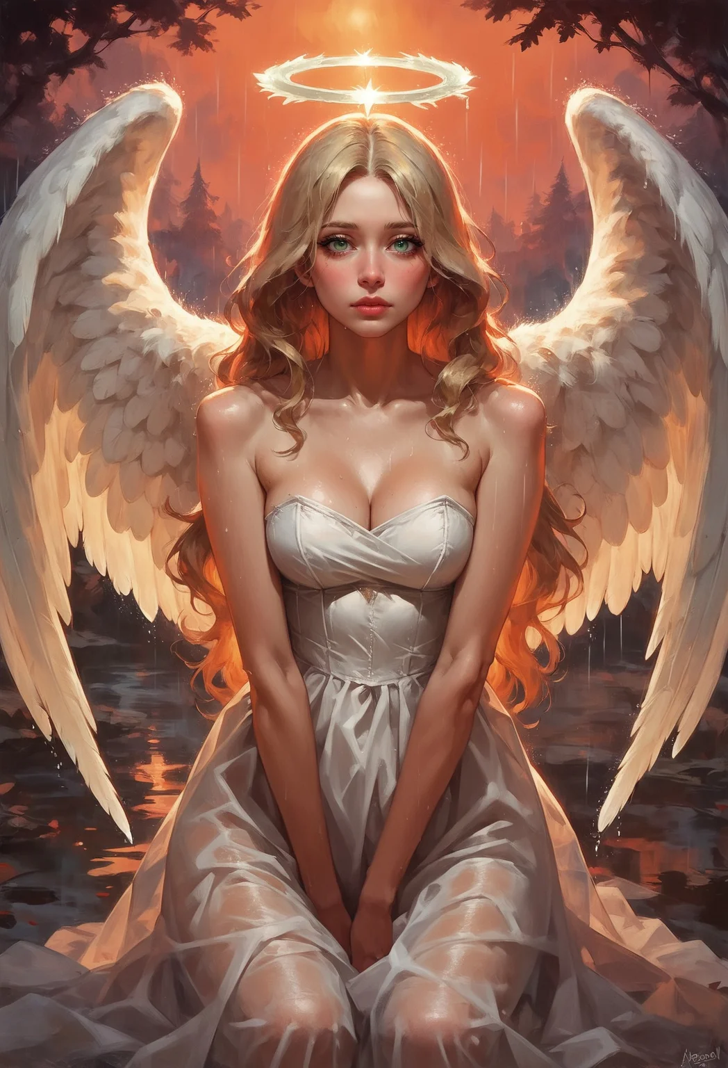 score_9, score_8_up, score_7_up, 1girl angel with 2 large angel wings and a halo, perfect curves, wearing a white dress, strapless, suggestive pose, romantic, solo, detailed eyes, looking at viewer, kneeling, forest, nature, forest meadow, beautiful, looking at viewer, green eyes, begging, medium breasts, fantasy, from front, rain, romantic, sunset, (blonde hair, mid parted hair, straight hair, long hair:1.2), pronounced blush, d4rk01l <lora:sdxl\Concept Art Twilight Style SDXL_LoRA_Pony Diffusion V6 XL:0.8> <lora:sdxl\vixon_pony_oil:0.7>