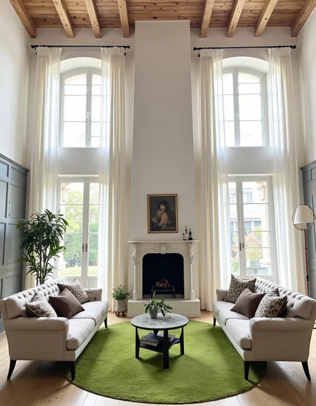 Architectural design of a French country living room, floor to ceiling windows, white fabric curtains, fireplace,  elegant sofas, circular green rug,  <lora:iphone-dev-7:1> iphone photo