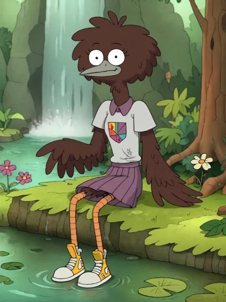 score_9, score_8_up, score_7_up, score_6_up, BREAK, B1rd4nne, 1girl, solo, winged arms, beak, purple skirt, white shirt, in the forest, sitting, flower, outdoors, day, water, tree, looking at viewer, waterfall, moss <lora:BirdAnne:0.8>