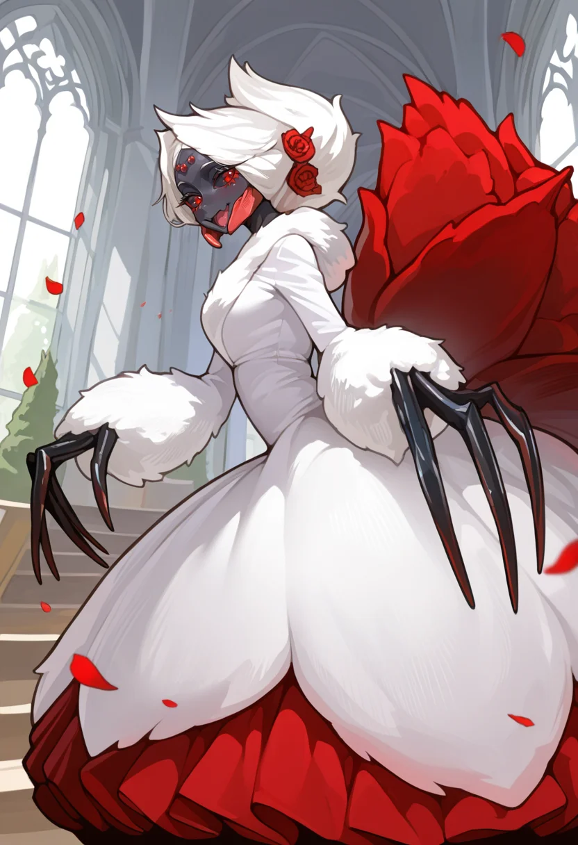 <lora:MH_LalaBarina_a1_58_NoobXL-eps:1>,<lora:EatSleep1111StyleSDXL11:0.7>,<lora:merrytailSDXLstyle:0.3>,eatsleep1111,merrytail,masterpiece,best quality,amazing quality,high quality,very aesthetic,absurdres,newest,shaded,digital media \(artwork\),depth of field,solo,animal humanoid,female,detailed background,ballroom,bloomed abdomen,claws,forehead gem,3 fingers,side view,three-quarter portrait,black skin,red fake mandibles,looking back,open smile,long dress,hair ornament,action pose,petals,