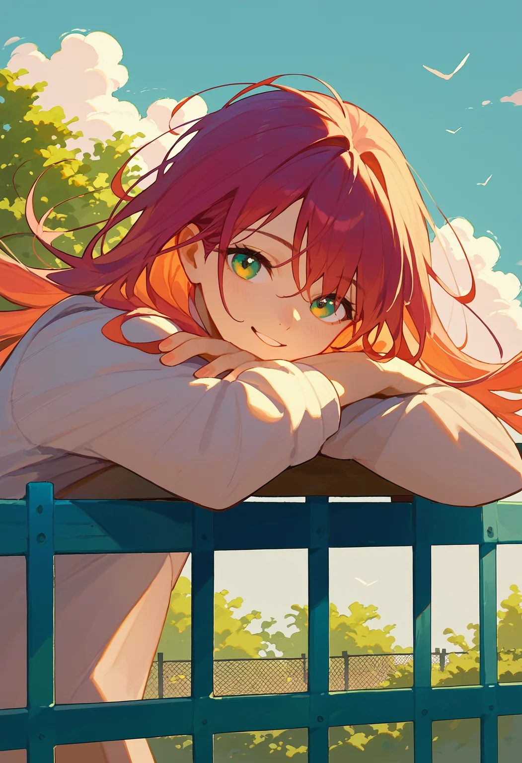 score_9, score_8_up, score_7_up, 1girl, head rest arm rest, looking at viewer, smile, against fence, floating hair, standing
<lora:head_rest_arm_rest_pony_1:1>