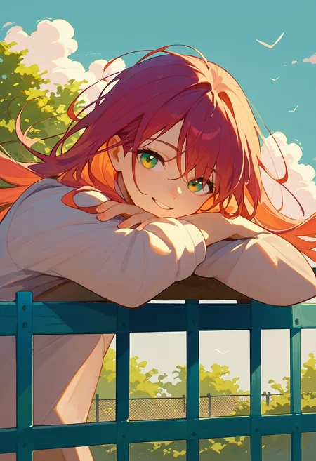 score_9, score_8_up, score_7_up, 1girl, head rest arm rest, looking at viewer, smile, against fence, floating hair, standing
<lora:head_rest_arm_rest_pony_1:1>