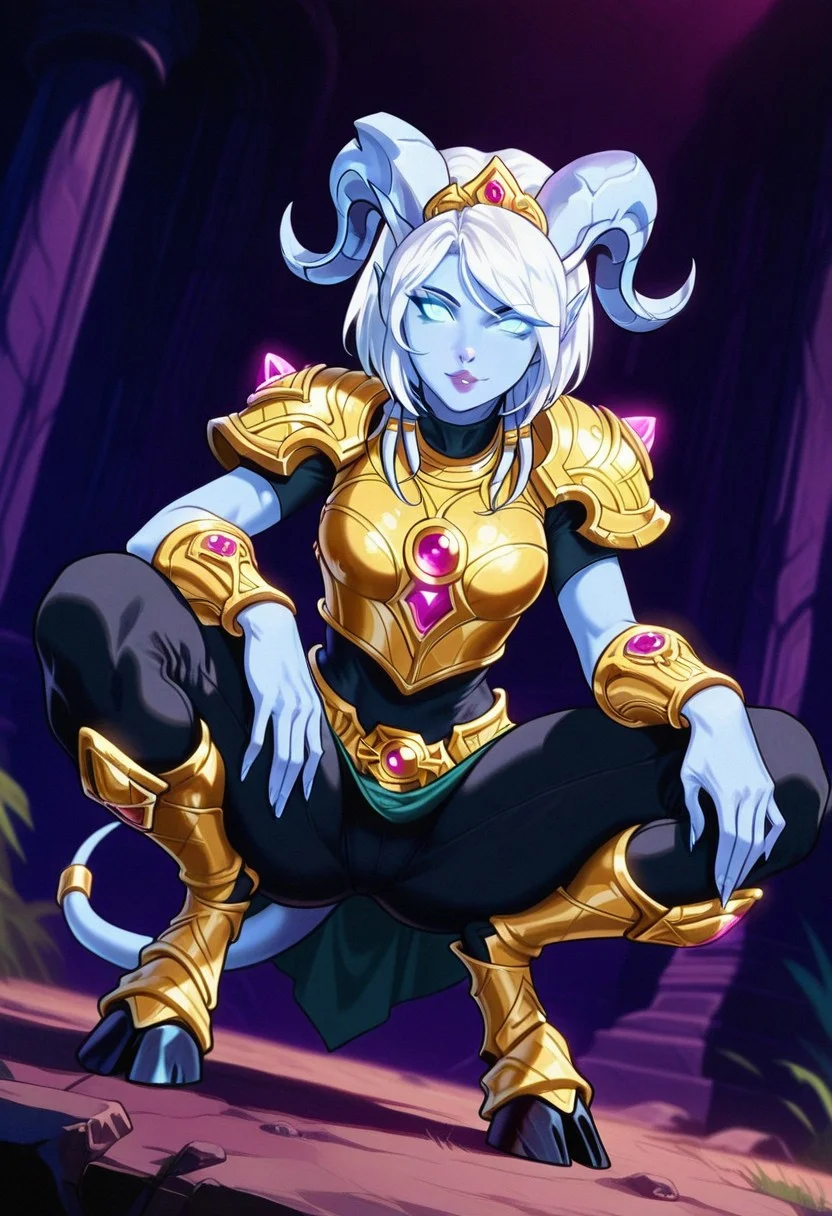 YrelHotS, 1girl, solo, draenei, colored skin, blue skin, horns, white hair, short hair, bangs, diadem, pointy ears, light blue colored sclera, glowing eyes, nose, lips, white and golden armor, large breast, shoulder armor, gloves, bracers, breastplate, pelvic curtain, hooves, tail, tail ornament, leg armor, hammer of the Naaru, holding hammer,
,seductive pose, sexy pose, tease, 
masterpiece, best quality, ultra-detailed, very aesthetic, detailed background, very aesthetic, newest, scenery, highres, 4k, absurdres, 8k, colorful,vibrant, glowing, perfect face, 2d, perfect eyes, detailed eyes, 
 masterpiece, best quality, ultra-detailed, very aesthetic, newest, scenery, absurdres, perfect anatomy, , perfect face, perfect eyes, mature body, clear eyes, beautiful eyes, athletic, curvy body, athletic girl, perky tits, perfect tits, round breasts, pinup pose, teasing, lustful expression,
muscular female, dutch angle, 
,detailed eyes, Smooth Negative, highres, absurdres, uncensored , vibrant saturated colors, volumetric lighting,wide depth of field, sharp, ray tracing, 
dark_fantasy_style, dark fantasy, retro,