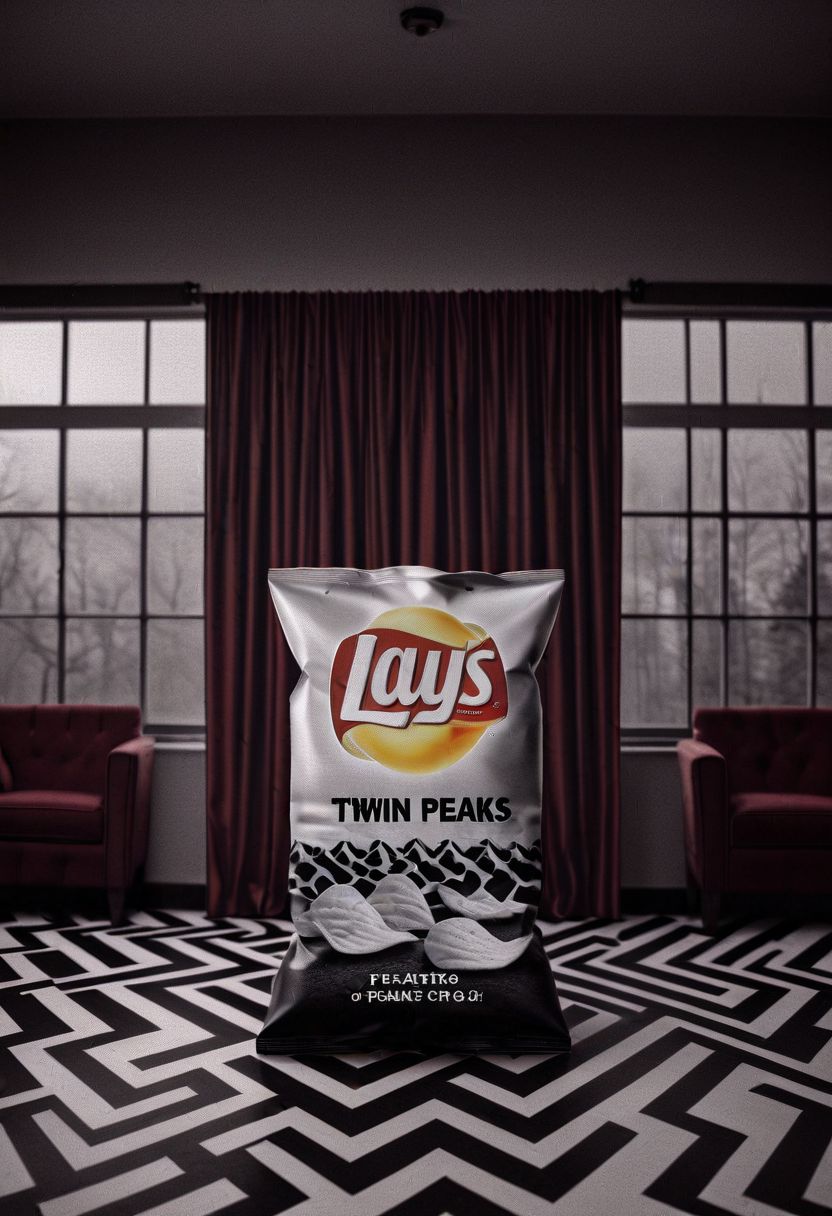 Lays Chip Bag, "TWIN PEAKS", coffee, in a room with red curtains, black and white chevron pattern floor, realistic, sharp, detailed, classic, artistic, perfection, contrast, cinematic, filmic, high quality photo, David Lynch style, Twin Peaks style, shallow depth of field, vignette, highly detailed, high budget, bokeh, cinemascope, moody, epic, gorgeous, film grain, grainy