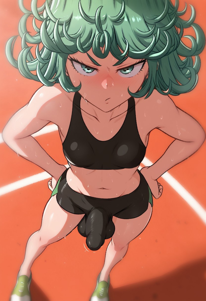 score_9, score_8_up, score_7_up, up-close, Tatsumaki (one punch man), 1futa, From Above, pouty, hands on hips, puffed cheeks, small breasts, tight crop top, spats, hourglass figure, shiny skin, huge penis, penis bulge under clothes, balls under clothes, sweaty, tennis shoes, 
Track Setting,