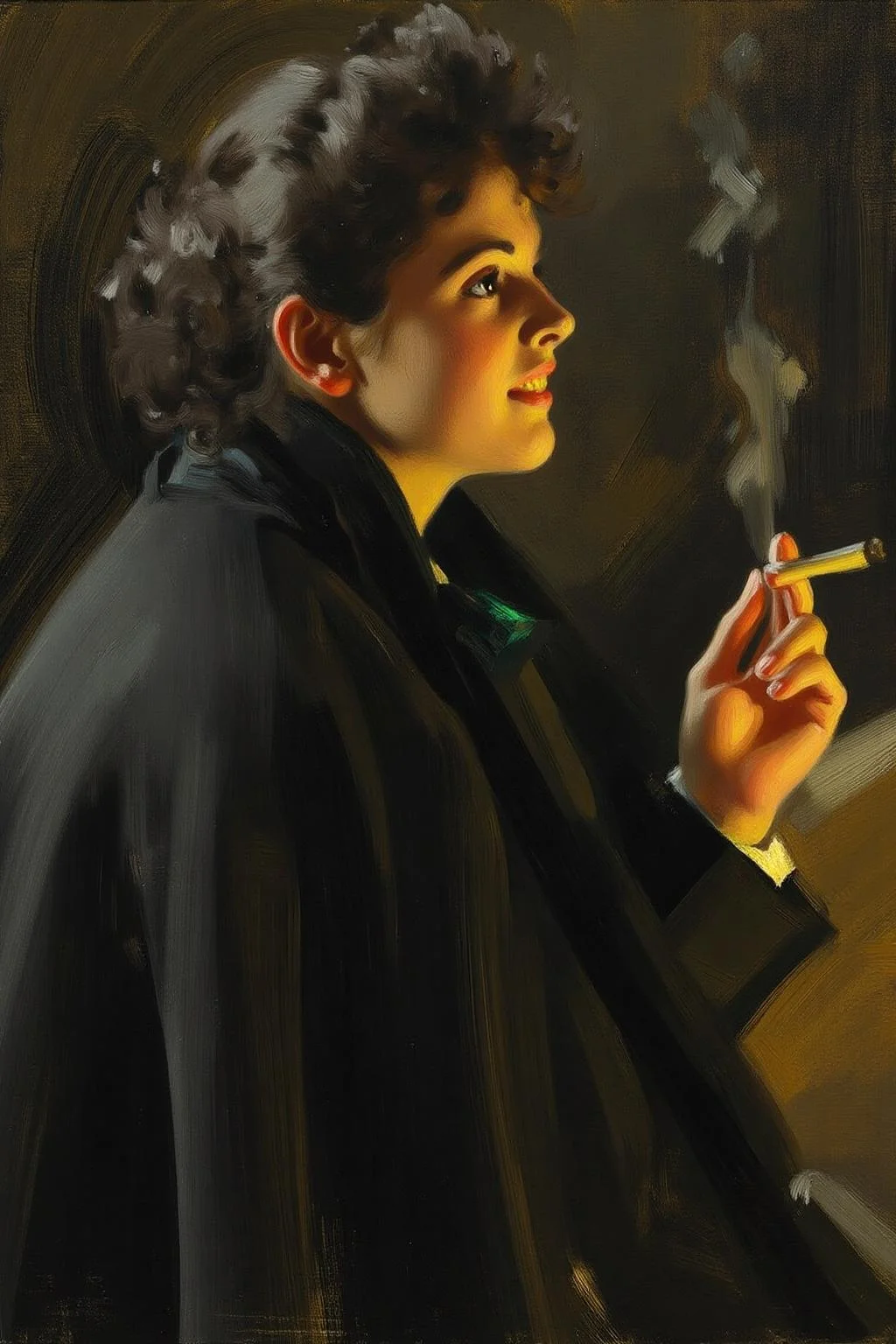 anderszorn1 painting
A smiling young woman facing right, shown from the shoulders up. She has curly dark hair styled in a classic, slightly messy manner. She holds a cigarette in her hand. She is looking into the distance, towards the right. <lora:anderszorn2_cap_d6a3:1.0><lora:836643609315960119:0>
