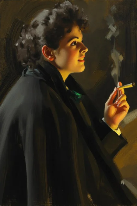 anderszorn1 painting
A smiling young woman facing right, shown from the shoulders up. She has curly dark hair styled in a classic, slightly messy manner. She holds a cigarette in her hand. She is looking into the distance, towards the right. <lora:anderszorn2_cap_d6a3:1.0><lora:836643609315960119:0>