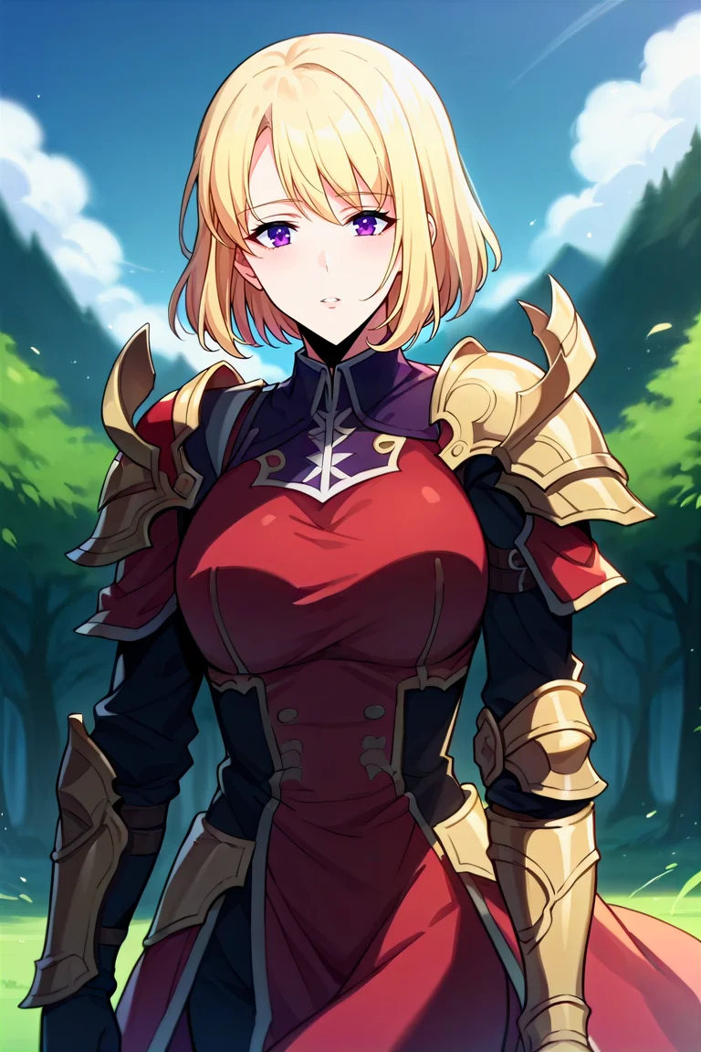 score_9, score_8_up, score_7_up, score_6_up, score_5_up, score_4_up, rating_questionable, , source_anime, digital illustration, pixiv, fanbox, uncensored, , BREAK, official art,
1girl, , mature female, cha hae in,, blonde hair, purple eyes, short hair, medium breasts,
red dress,  armor, shoulder armor, , outdoors, blush, looking at viewer, cowboy shot,  <lora:Cha_Hae_In_Pony-10:1.1>
