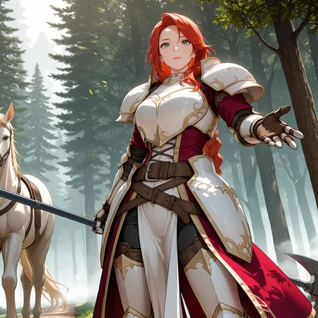 masterpiece, best quality, 3d rendered, realistic, 
pov, cowboy shot, dutch angle, dynamic framing, (from below:1.1),
1girl, solo focus, handsome, mature,
dfttna, red hair, green eyes, braided ponytail, muscular, four fingers BREAK
standing next to (white horse:0.9), legs apart, open hand, offering a helping hand to viewer, halberd on back, looking at viewer, barely contained laughter, snicker,
armor, shoulder armor, red coat, gauntlets, belt, pelvic curtain, pants, armored boots BREAK
outdoors, forest, path, dappled sunlight, wind, light particles, fog, closed mouth, 
 <lora:fetitania-illu-nvwls-v1:1>,