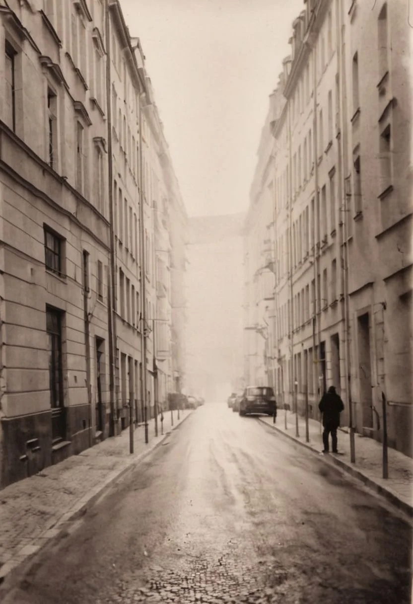 lith_agfabrovira_BH21, instagram photo, a dark and foggy street somewhere in europe, hard shadows, film grain