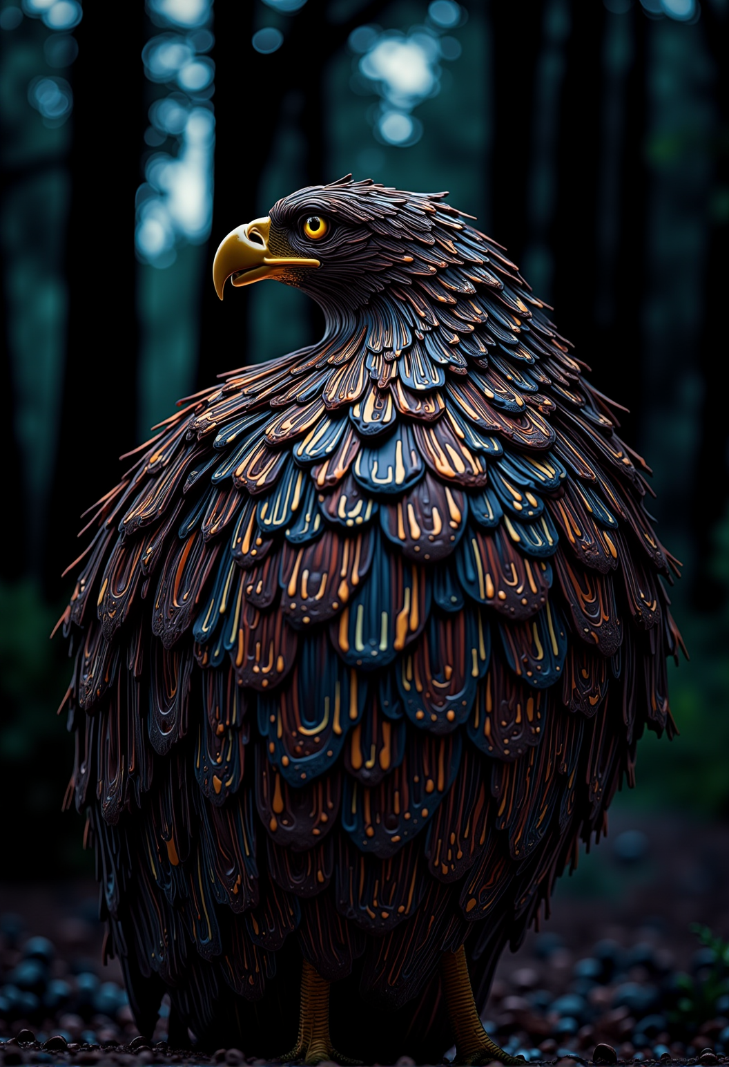 bv-colpaidri. A stylized eagle with feathers accented by metallic lines, the paint forming intricate designs along the feathers, set against a twilight forest, creating a mystical presence, <lora:bv-colorful-paint-dripping-v1.safetensors:0.7000000000000001:0.7000000000000001>