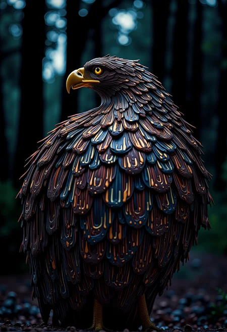bv-colpaidri. A stylized eagle with feathers accented by metallic lines, the paint forming intricate designs along the feathers, set against a twilight forest, creating a mystical presence, <lora:bv-colorful-paint-dripping-v1.safetensors:0.7000000000000001:0.7000000000000001>