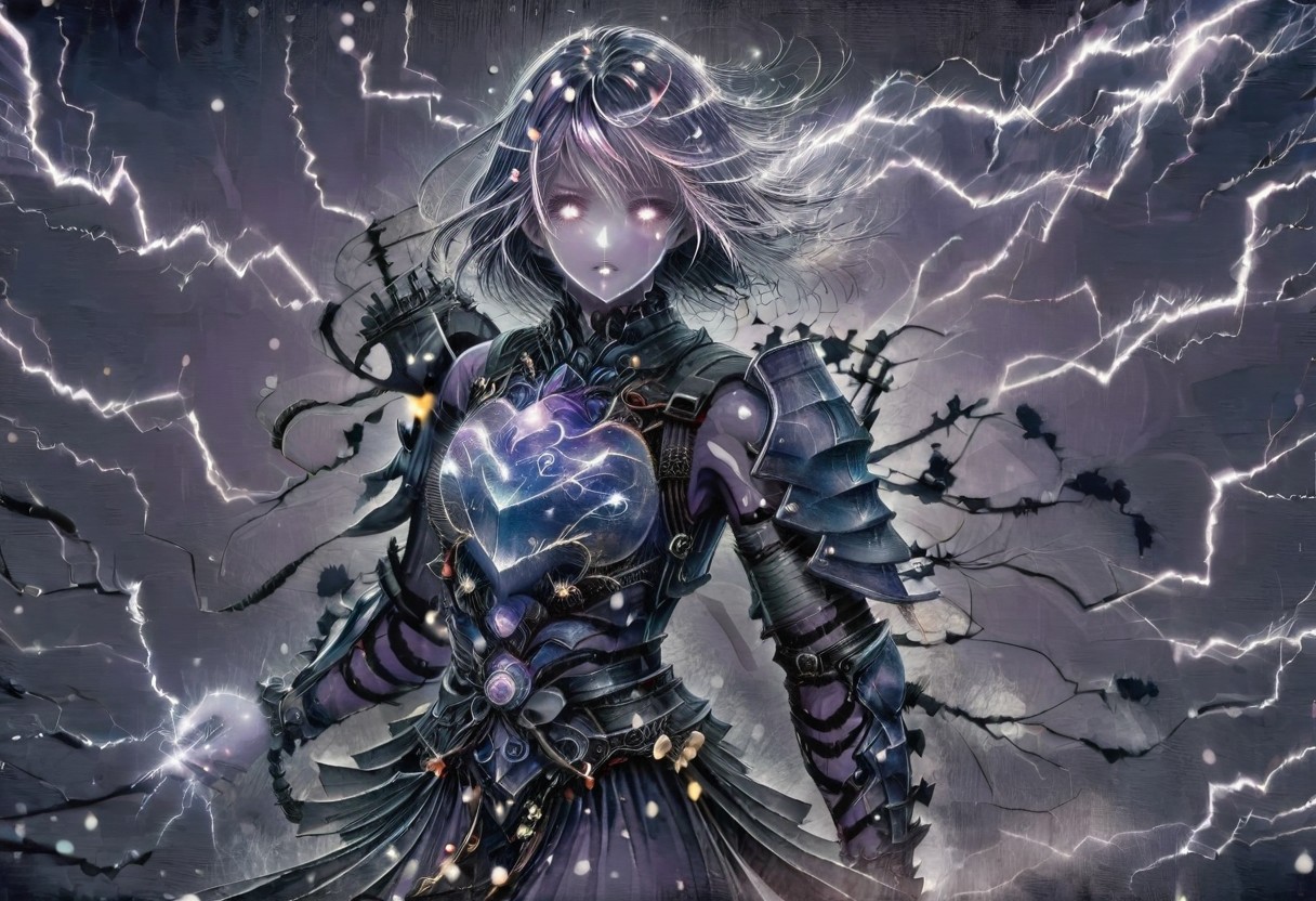 (Masterpiece:1.3), (best quality:1.2), (detailed background:1.1), (intricate details:1.1), (detailed background:1.2), 1girl, solo focus, standing, perfect anatomy, 
bleakfaith,
source_anime, night sky, dark cloud background, sky background, lightning on background, only purple lightning, purple lightning, dark purple theme,
BREAK
watercolor, chinese,traditional,
BREAK
(purple hair:1.2),(pale skin:1.3), (purple skin:1.5),1girl,solo, mysterious, vivid color, shiny, (short purple hair), bob cut hair, purple eyes,glowing purple pupils,
laugh arrogantly,
BREAK
armor(dark suit,armor, animal chest plate), lightning, dark purple thunder, chinese style, 
spraks in hand,
BREAK
looking at the viewer, front view, full view,
best quality, ultra-detailed, absurdres, detail face, best quality, hires textures, high detail, (4k),incredibly detailed
NegativeDynamics,