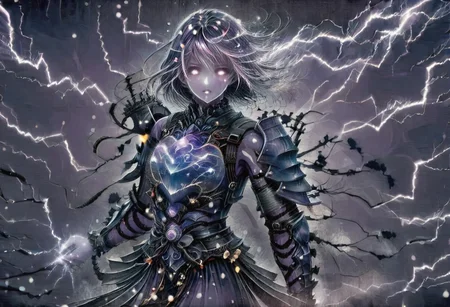 (Masterpiece:1.3), (best quality:1.2), (detailed background:1.1), (intricate details:1.1), (detailed background:1.2), 1girl, solo focus, standing, perfect anatomy,
bleakfaith,
source_anime, night sky, dark cloud background, sky background, lightning on background, only purple lightning, purple lightning, dark purple theme,
BREAK
watercolor, chinese,traditional,
BREAK
(purple hair:1.2),(pale skin:1.3), (purple skin:1.5),1girl,solo, mysterious, vivid color, shiny, (short purple hair), bob cut hair, purple eyes,glowing purple pupils,
laugh arrogantly,
BREAK
armor(dark suit,armor, animal chest plate), lightning, dark purple thunder, chinese style,
spraks in hand,
BREAK
looking at the viewer, front view, full view,
best quality, ultra-detailed, absurdres, detail face, best quality, hires textures, high detail, (4k),incredibly detailed
NegativeDynamics,