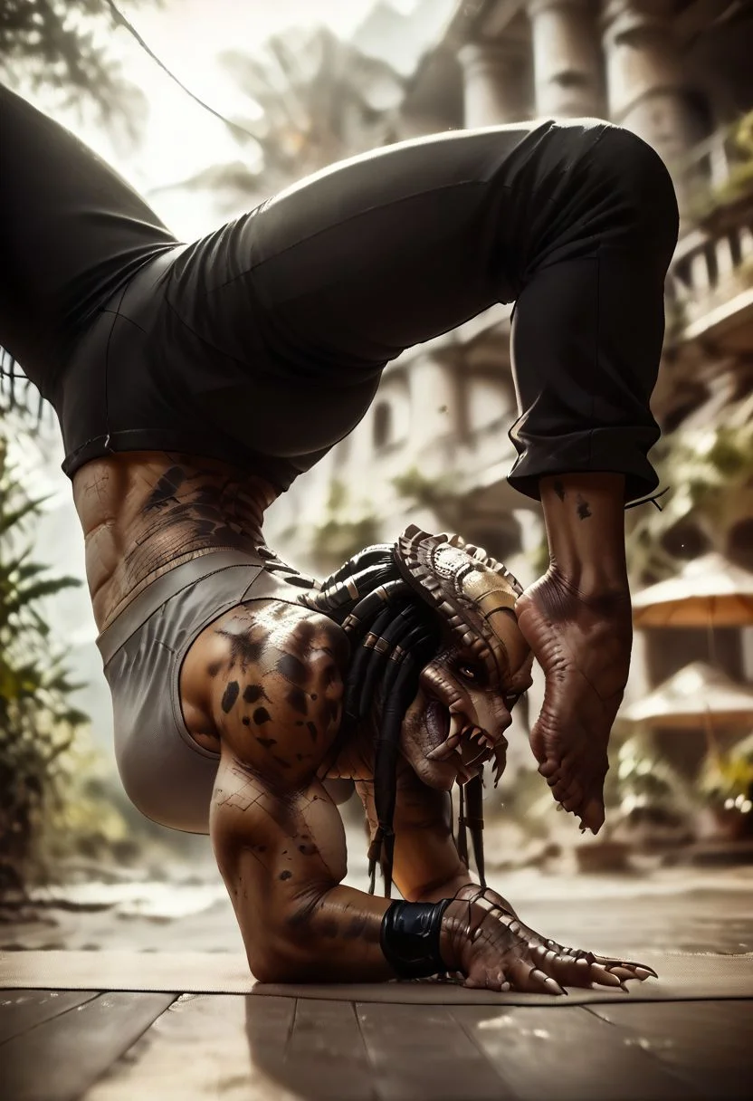 1girl, long hair, dreadlocks, muscular female, colored skin with spots, brown skin, fishnets, mandibles, teeth, tongue, huge breasts, yoga pants, crop top, view from above, wrist blade, dynamic angle, exercising, (vrischikasana pose:1.7),
ruins, blurry background, score_9, score_8_up, score_8, source_anime, Painstaking Attention To Details, d3t41l3d, 1dk, Expressiveh