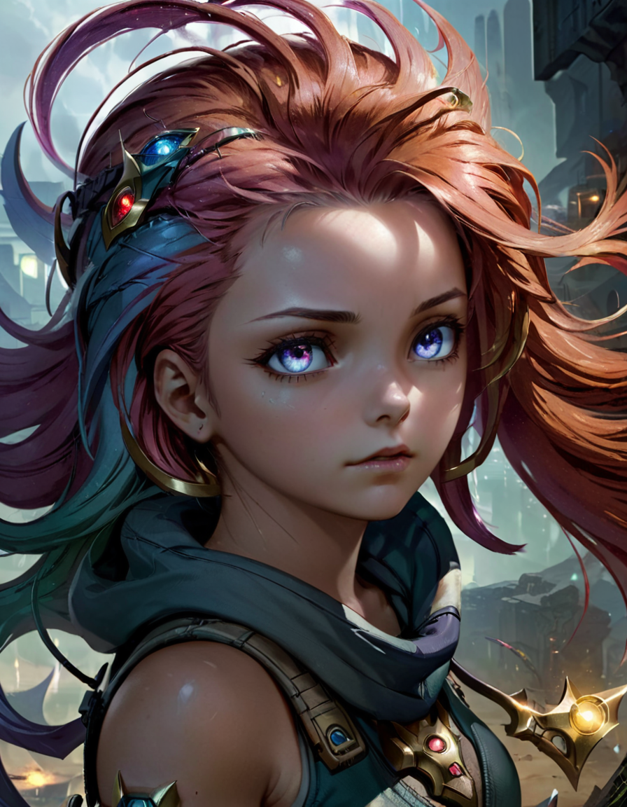 Dystopian style 1girl zoe, (heterochromia), long multi colored hair, league of legends, Medium Shot,
 <lora:LolZoeXL:0.9> <lora:xl_more_art-full_v1:0.4>, ZIP2D . Bleak, post-apocalyptic, somber, dramatic, highly detailed