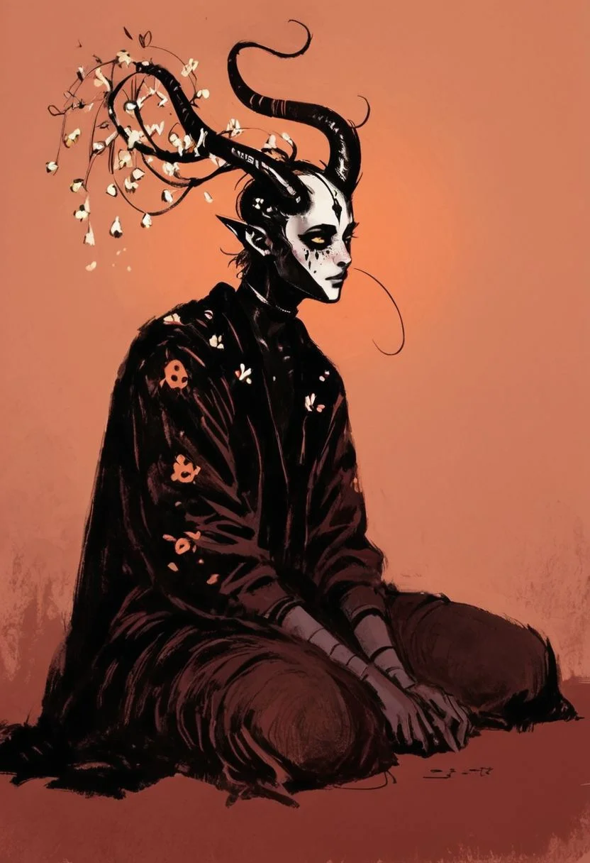 ((score_9, score_8_up, score_7_up)), (full-length character design, assassin woman holding a severed demonic head, bloodstains), modern-style colour illustration, bold & powerful, lifelike art, cultist girl, evil & dark robes, detailed setting, sitting in a woodland grove, exploring the surroundings, deep and colourful background, dark and moody lighting, green and blue and brown, light hair but dark eyebrows, half-obscured face, ceremonial facepaint and bodypaint, e-girl makeup, black choker, flirting, teasing, different poses, inset reaction shot, rich & seductive, freckles, reaction frame, erotic aesthetics